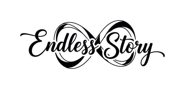 Endless story. lettering and all elements in black. Vector style. AWhite background. Pure white background. Perfect isolation and visual consistency. Grunge