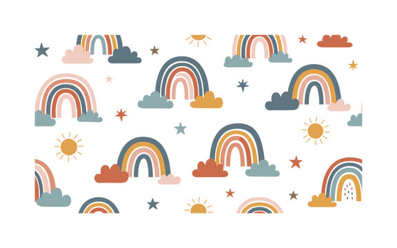 rainbows and clouds seamless pattern, repeating pattern, surface design, textile print, soft color palette, modern illustration, flat vector boho rainbows with