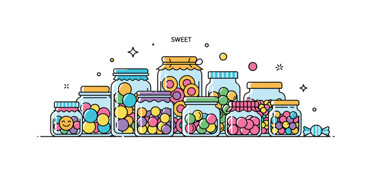 Sweet jar assortment a group of small candy jars with varied shapes and bright contents arranged harmoniously. A lively and inviting visual of treats and