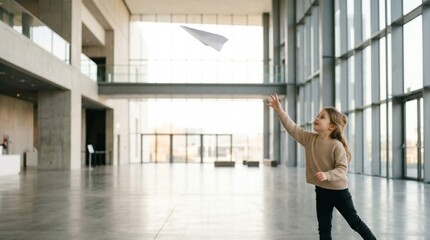 Fototapeta premium Child throwing paper airplane in spacious modern atrium with floor to ceiling windows and soft backlight