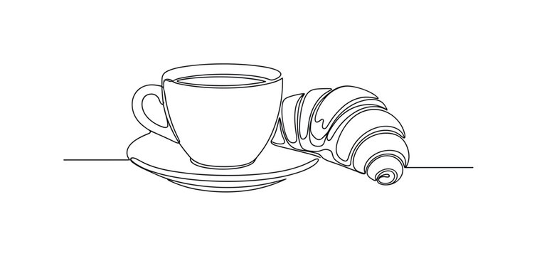 Parisian Cafe. Minimalistic one-line drawing a classic coffee cup and croissant arranged elegantly, continuous single black line on white background, simple