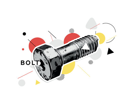 rusty door bolt texture with floating circles abstract shapes and lines, black and white weathered metal bolt with aged rust texture with white outline cut-out