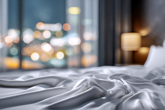 Soft white satin sheets rumpled on a bed with warm ambient lighting and out-of-focus city lights shining through a large window at night