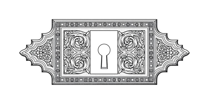 An ornate escutcheon plate with a decorative lock frame and detailed engraved borders, enlarged with generous negative space, black and white