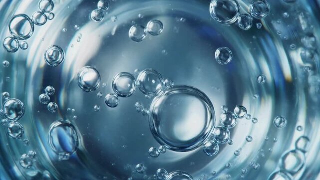 Macro shot of clear blue liquid with many small bubbles and large bokeh effects creating a mesmerizing, abstract background