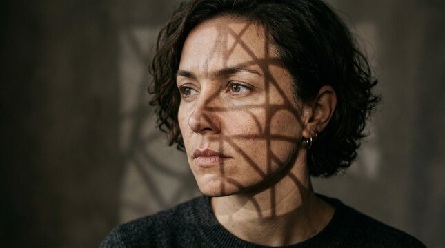 Moody portrait of woman with geometric shadow grid across face and neutral gaze