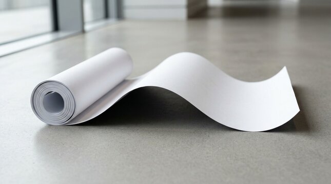 Rolled white paper curling into wave on concrete floor near window with soft natural light