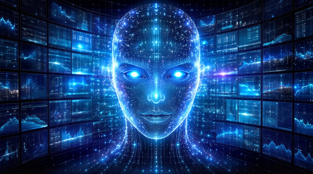 Virtual entity with glowing eyes surrounded by digital screens. Artificial intelligence monitoring global data networks and financial markets.