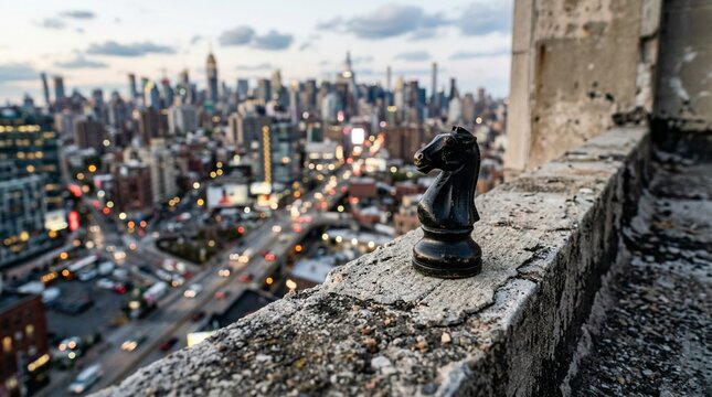 Black knight chess piece on rooftop ledge overlooking blurred city skyline at dusk