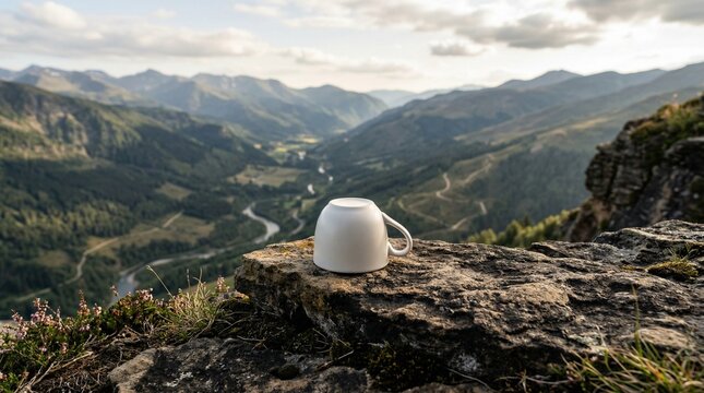 White mug upside down on rock ledge overlooking winding mountain valley at golden hour