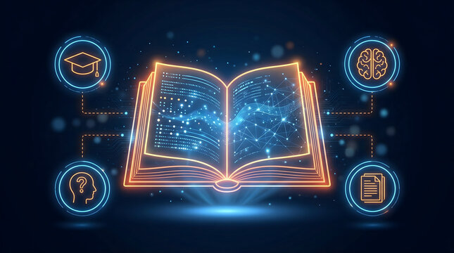 digital education and online learning concept with glowing open book icon featuring futuristic neural network brain graduate cap and data science icons on dark blue background