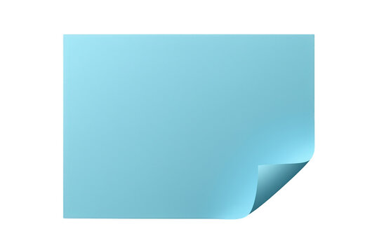 Blue paper sticky note with a curled corner, blank page as a template for message or reminder, transparent background