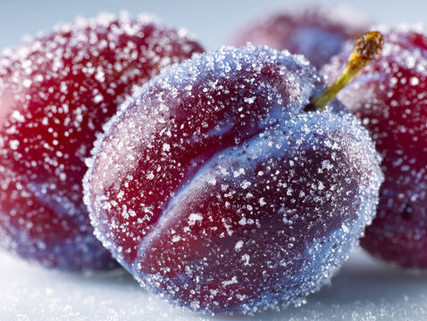 Frosted ripe purple plums covered with sparkling sugar crystals showcasing fresh juicy fruit ready for dessert or healthy snacking delight