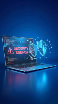 Laptop displaying security breach alert with digital shields shattered. Cyber attack on computer system and data theft concept.