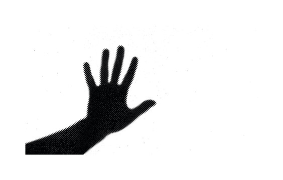 A cropped human hand shadow cast across a surface with dense halftone dots and grain, black and white illustration, newspaper-style texture,