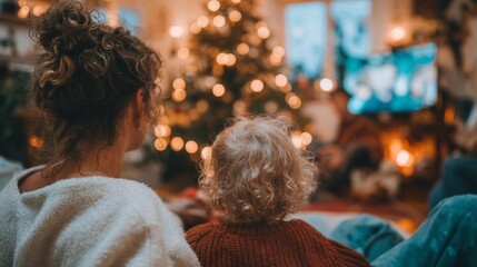 Fototapeta premium A modern family holding hands together in prayer in front of a warmly decorated Christmas tree