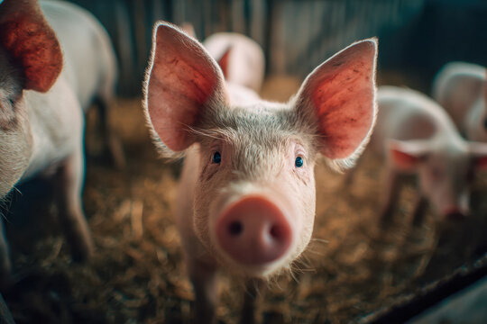 Curious piglet with large ears looking directly at the camera inside a softly lit barn with straw covered floor and other piglets blurred in background