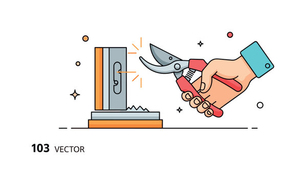 Sharpening garden tools scene with a hand holding a pruning shear against a sharpening stone with small spark accents conveying maintenance, care,