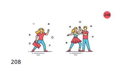Fototapeta premium Salsa dance steps illustration showing simplified foot positions and a couple figure conveying learning, rhythm, and structured movement. Minimalist flat