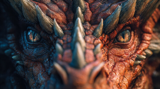 Intense close-up of a fierce dragon's textured face with piercing golden eyes and sharp protruding horns in a dark fantasy setting