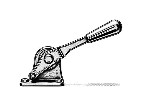 A railway switch lever rendered as a standalone object with engraved detailing, black and white halftone illustration, classic print design, high contrast,