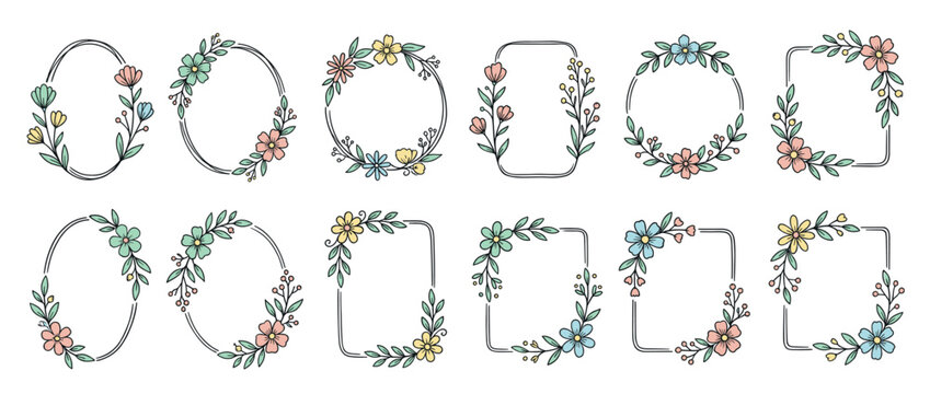 Set of cute doodle style botanical frames and wreaths featuring pastel colored flowers and green leaves, perfect for decorative design.