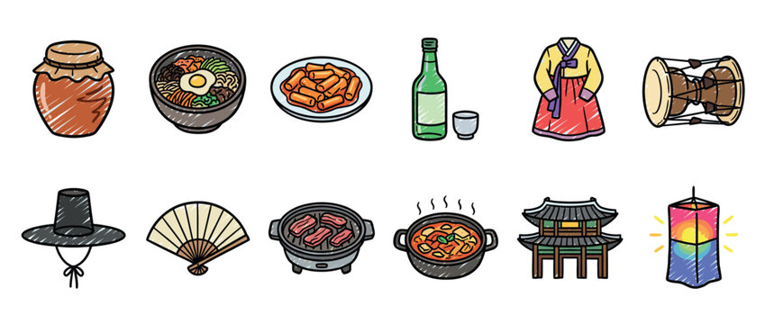 Korean culture symbols and traditional food items in a colorful doodle style illustration, representing heritage and cuisine.