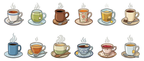 Fototapeta premium Collection of various hot beverages in different cups and mugs with steam, including coffee and tea, served on saucers with spoons.