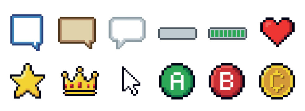 Pixel art game icons set featuring speech bubbles, health bars, heart, star, crown, cursor, and button elements for retro gaming design.