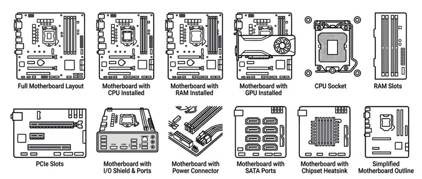 Motherboard computer components hardware electronics line art illustrations depicting various parts, layouts, and connections for personal computer assembly and repair.