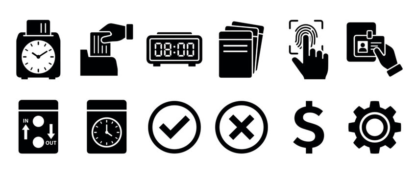 Time clock attendance security business icons set representing various aspects of employee management, access control, and operational processes.