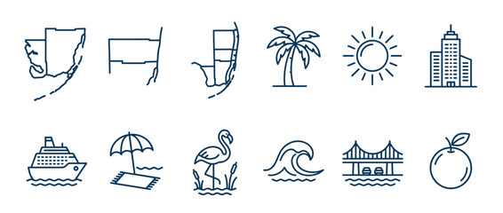 Obraz premium Florida travel icons set featuring tropical vacation symbols like palm trees, cruise ships, beaches, and city landmarks in a modern line art style.