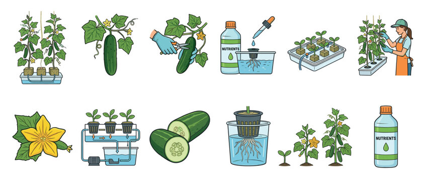 Cucumber hydroponic cultivation process showing plant growth, nutrient feeding, and harvesting stages in a modern indoor garden.