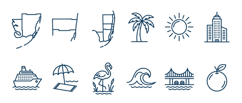 Florida travel icons set featuring tropical vacation symbols like palm trees, cruise ships, beaches, and city landmarks in a modern line art style.