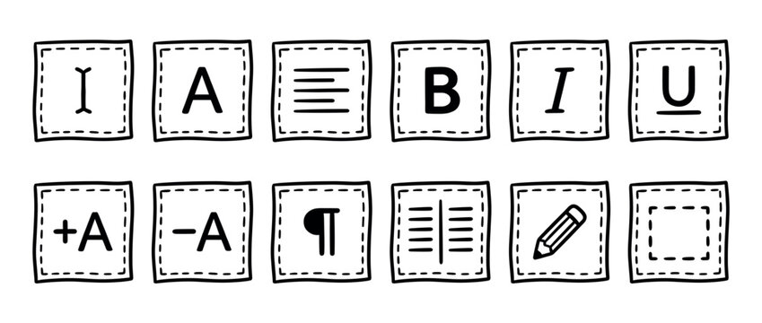 Hand-drawn text editing icons for word processor interface design, featuring formatting tools and document creation symbols.