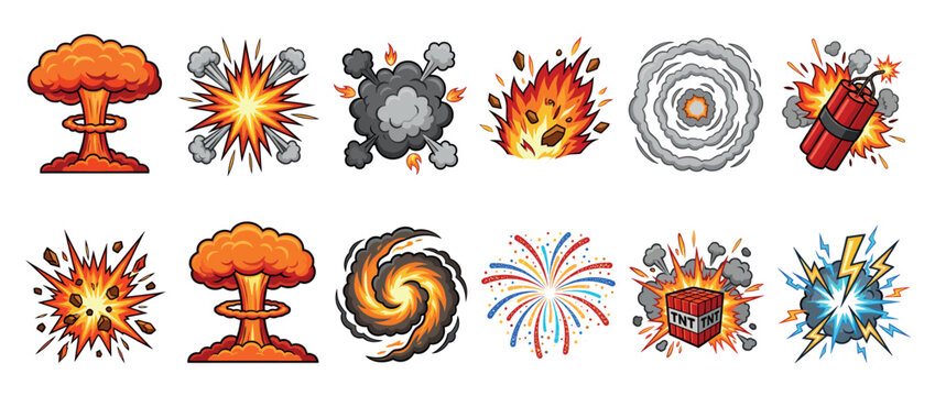 Cartoon explosion effects set featuring various comic blasts, fire, smoke, and lightning for graphic design elements and visual impact.
