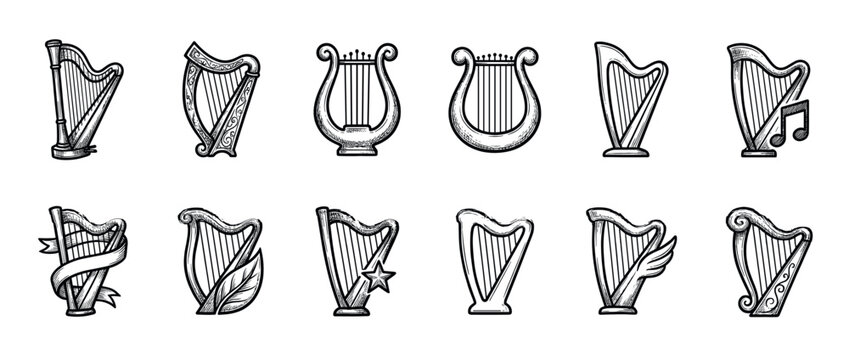 Collection of vintage harps and lyres in a hand-drawn engraving style, representing ancient musical instruments and symbols.