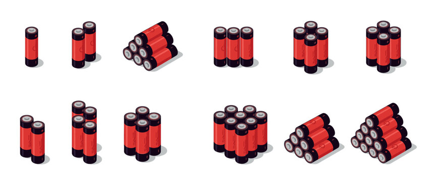 Red and black batteries arranged in various isometric configurations, illustrating power sources and energy storage.