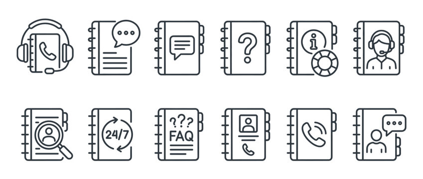 Contact book customer service icons collection representing various support, communication, and information options for business assistance.