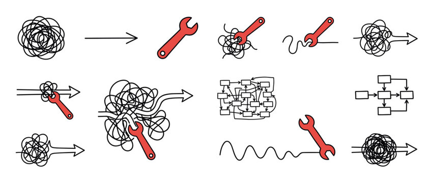 Problem-solving concept with tangled lines, wrenches, and flowcharts illustrating simplification and organization of complex processes.