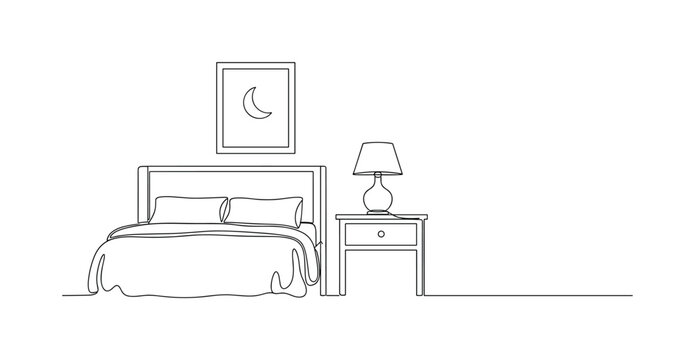 Bedtime Routine Idea. Minimalistic one-line drawing bedside table with lamp and crescent moon visible through simple window, continuous single black line on