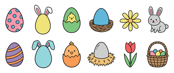 Fototapeta premium Colorful Easter eggs, cute chicks, and a sweet bunny with spring flowers and a basket, perfect for holiday designs and celebrations.