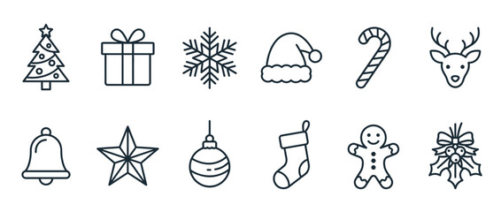 Naklejka premium Christmas holiday icons set featuring festive symbols like a decorated tree, gift box, snowflake, Santa hat, candy cane, reindeer, bell, star, ornament, stocking, gingerbread man, and holly.