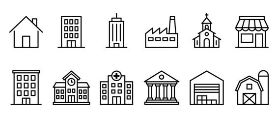 Obraz premium Building structure architecture outline icon set featuring various residential, commercial, and public establishments for web and app design.