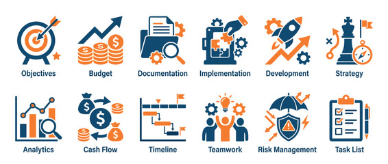 Fototapeta premium Business and project management icons set illustrating key concepts like objectives, budget, strategy, and teamwork for corporate success.