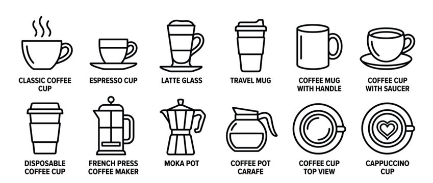 Collection of various coffee cups, mugs, glasses, and coffee makers presented as black line art icons on a clean surface.