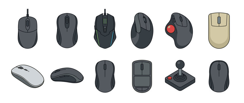 Computer mice and input devices collection featuring various designs including wired, wireless, gaming, ergonomic, and trackball models, alongside a classic joystick.