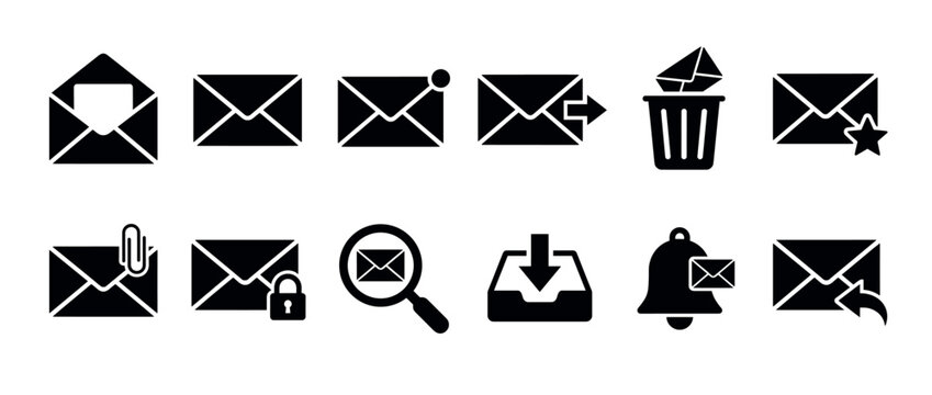 Email mail message envelope icons set representing various actions and states for digital communication and online services.
