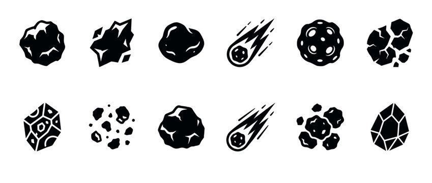 Asteroids meteors and space rocks icon set featuring various celestial bodies, cosmic elements, and mineral formations in a simple black and white vector style.