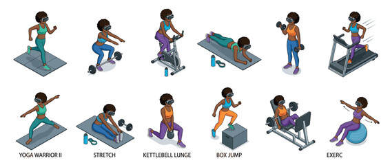 Fototapeta premium Woman VR fitness workout set showing various exercises in virtual reality for health, wellness, and digital training.